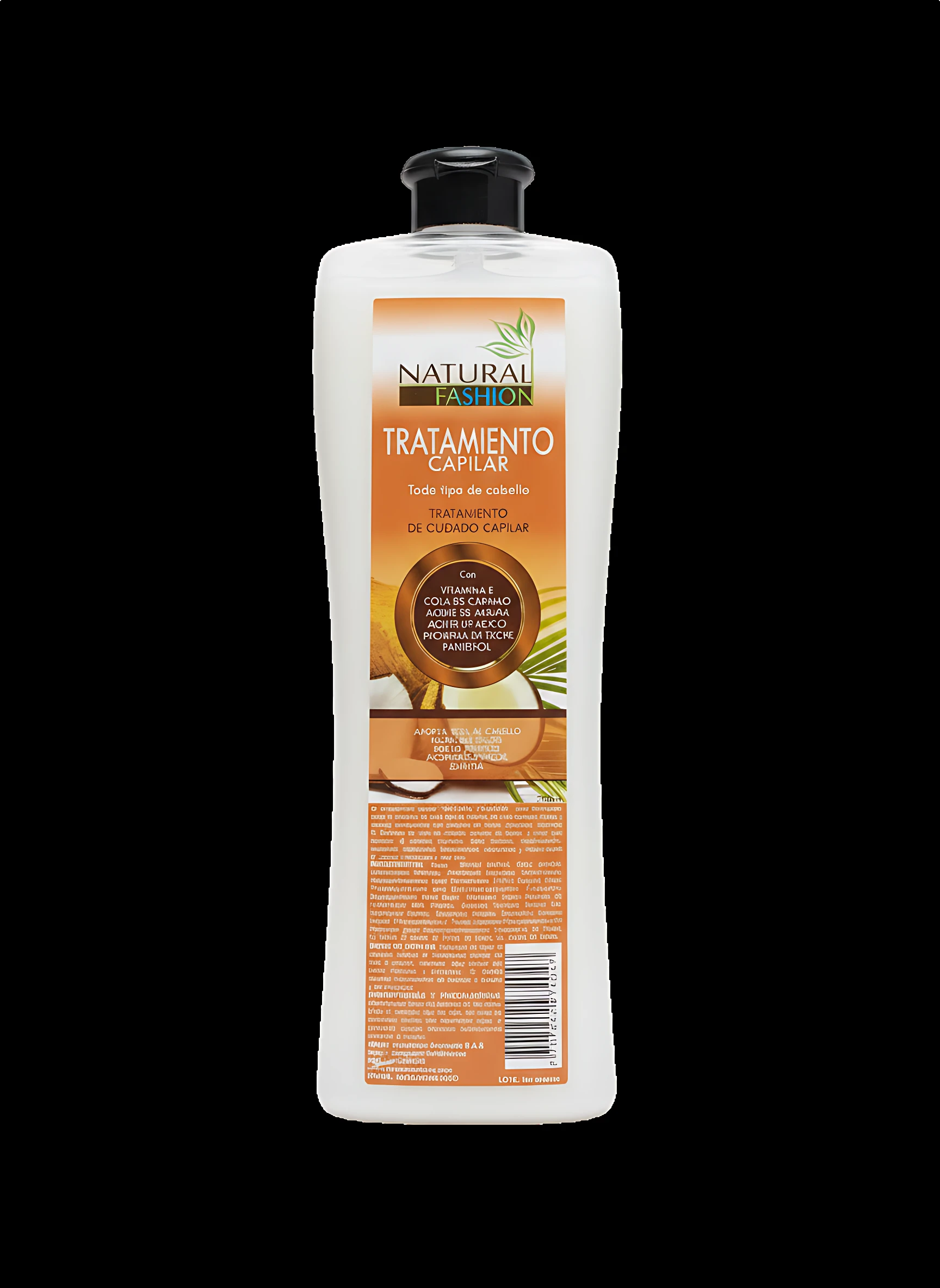 Botella blanca de 750 ml de tratamiento capilar Natural Cosmetics con etiqueta naranja, mostrando coco y palmera.