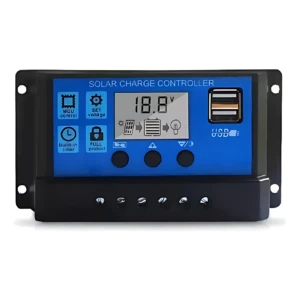 Regulador solar 10A con display LCD azul, puertos USB y botones frontales, para sistemas de 12V y 24V.