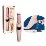 Removedor de callos eléctrico recargable en color rosa, con luz LED y cabezal giratorio. Incluye caja de presentación y accesorios. Ideal para eliminar piel muerta en pies.