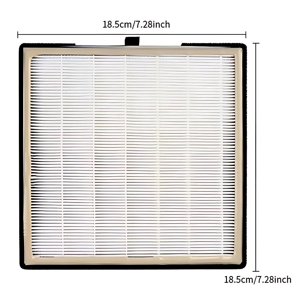 Filtro cuadrado de 18.5 cm para extractor de polvo, con malla blanca y marco negro, diseñado para capturar partículas finas.