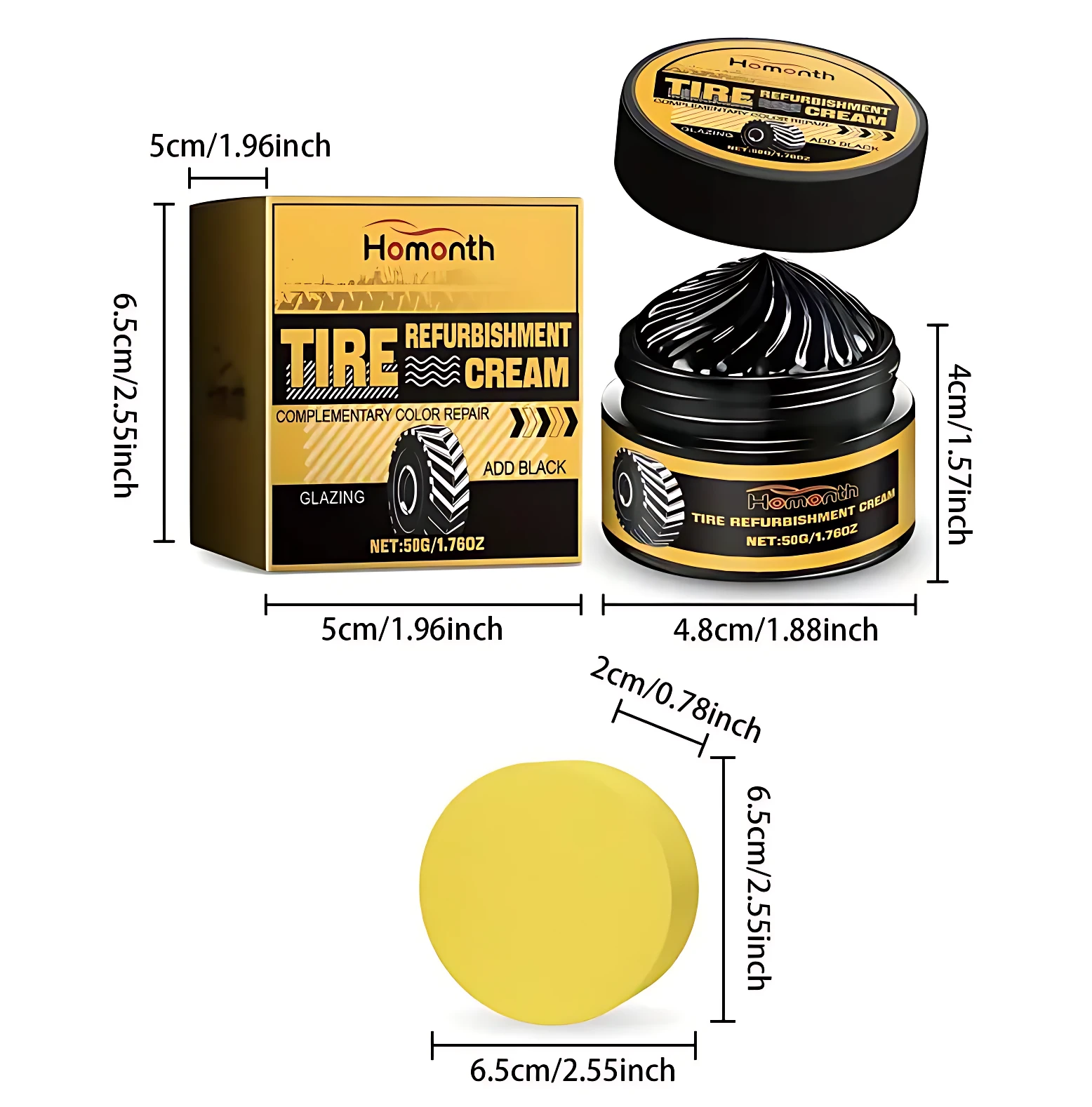 Set de restaurador de llantas negro brillante Homonth, con caja, frasco abierto mostrando textura cremosa y disco amarillo aplicador, con medidas visibles en cm y pulgadas.