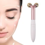 Rizador de pestañas térmico con masajeador facial en rosa y blanco, mostrando uso en rostro con flechas indicativas de masaje.