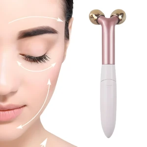 Rizador de pestañas térmico con masajeador facial en rosa y blanco, mostrando uso en rostro con flechas indicativas de masaje.