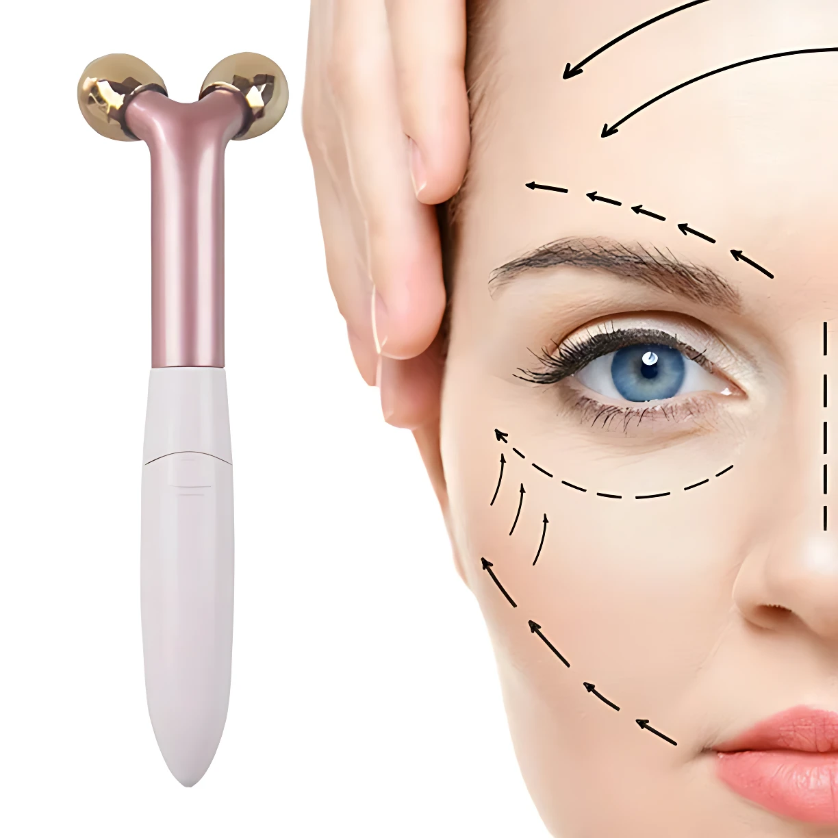 Masajeador facial con dos bolas doradas y mango rosa, acompañado de diagrama de movimientos para contorno de rostro.