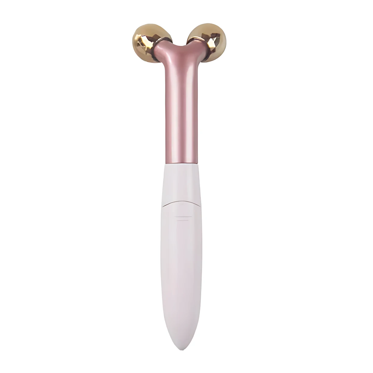 Masajeador facial eléctrico con dos cabezas de rodillo dorado, mango rosa y cuerpo blanco, diseñado para masaje facial y relajación muscular.