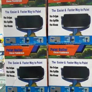 Cuatro cajas de rodillo de pintar recargable sin bandejas, dispuestas en dos filas de dos. Cada caja muestra el rodillo negro con mango azul, destacando su diseño para evitar derrames y facilitar la limpieza.
