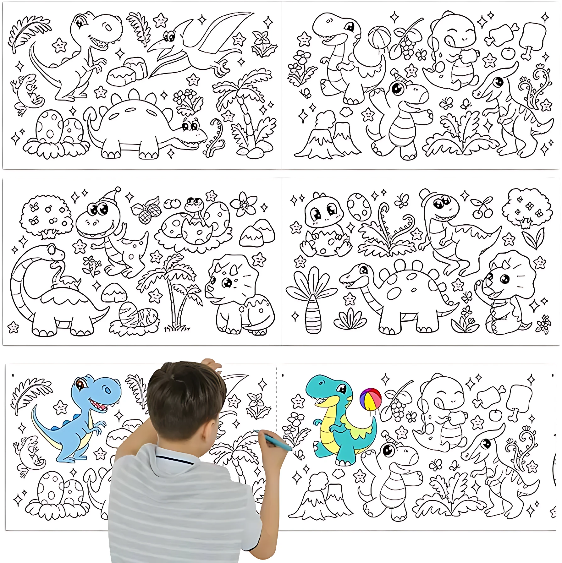 Niño coloreando rollo de dibujo con dinosaurios en escena, mostrando tres diseños distintos con figuras y plantas.