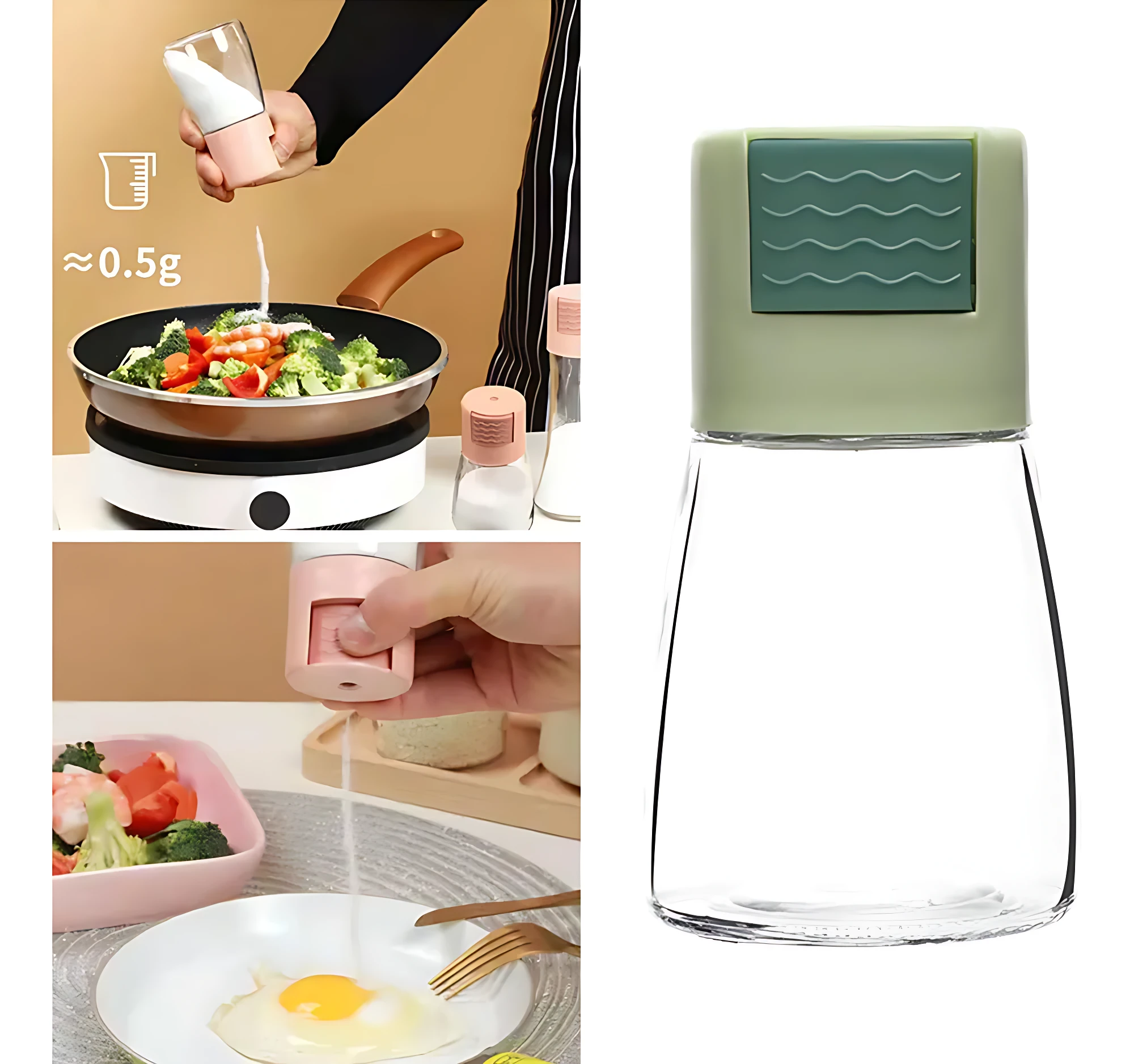 Salero de vidrio con tapa verde y medidor de gramos, mostrando uso en cocina para sazonar vegetales y huevo.