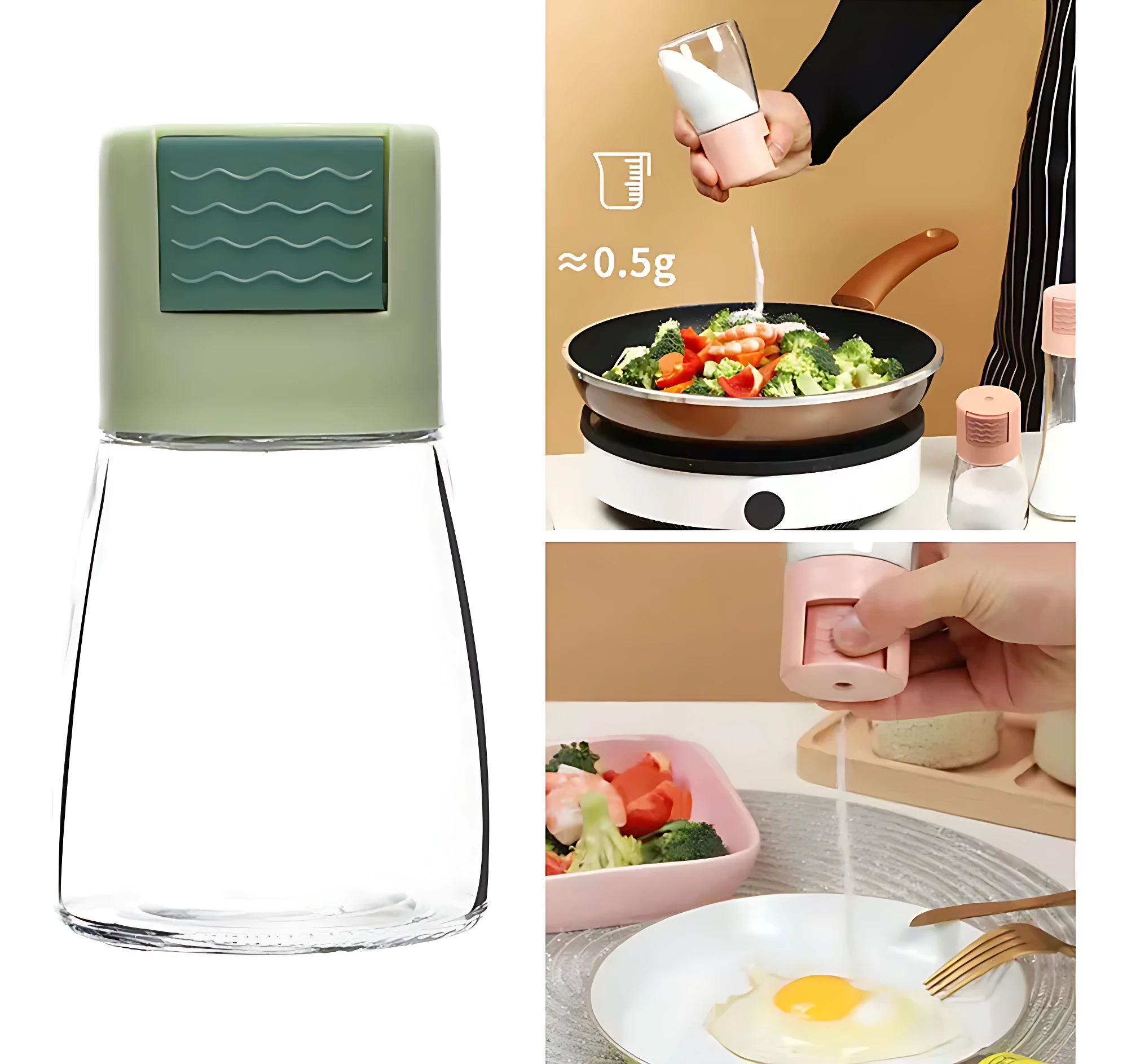 Salero de vidrio con tapa verde y medidor de gramos, en uso para sazonar ensalada y huevo, con precisión de 0.5g.
