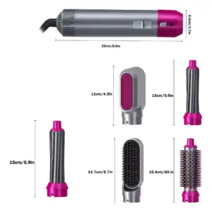 Secador ondulador cepillo 5 en 1 con cabezales intercambiables, color gris y rosa, mostrando dimensiones de cada accesorio.
