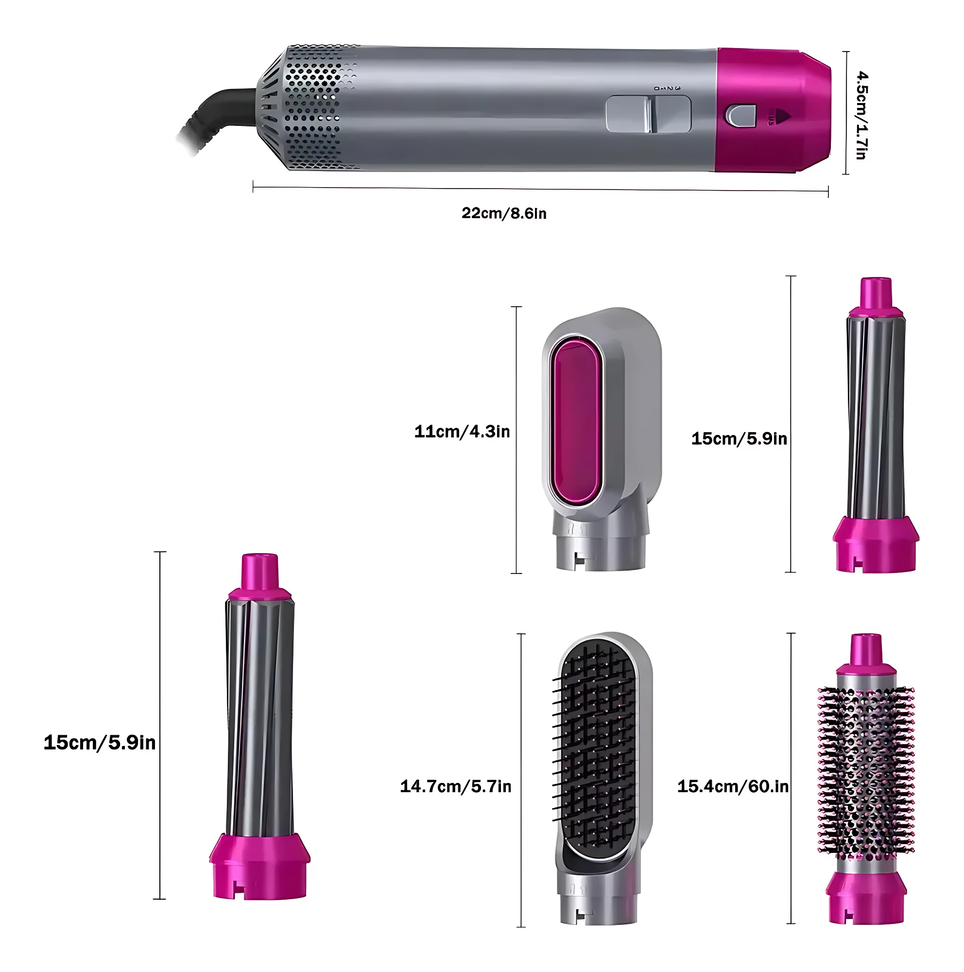 Secador ondulador cepillo 5 en 1 con cabezales intercambiables, color gris y rosa, mostrando dimensiones de cada accesorio.