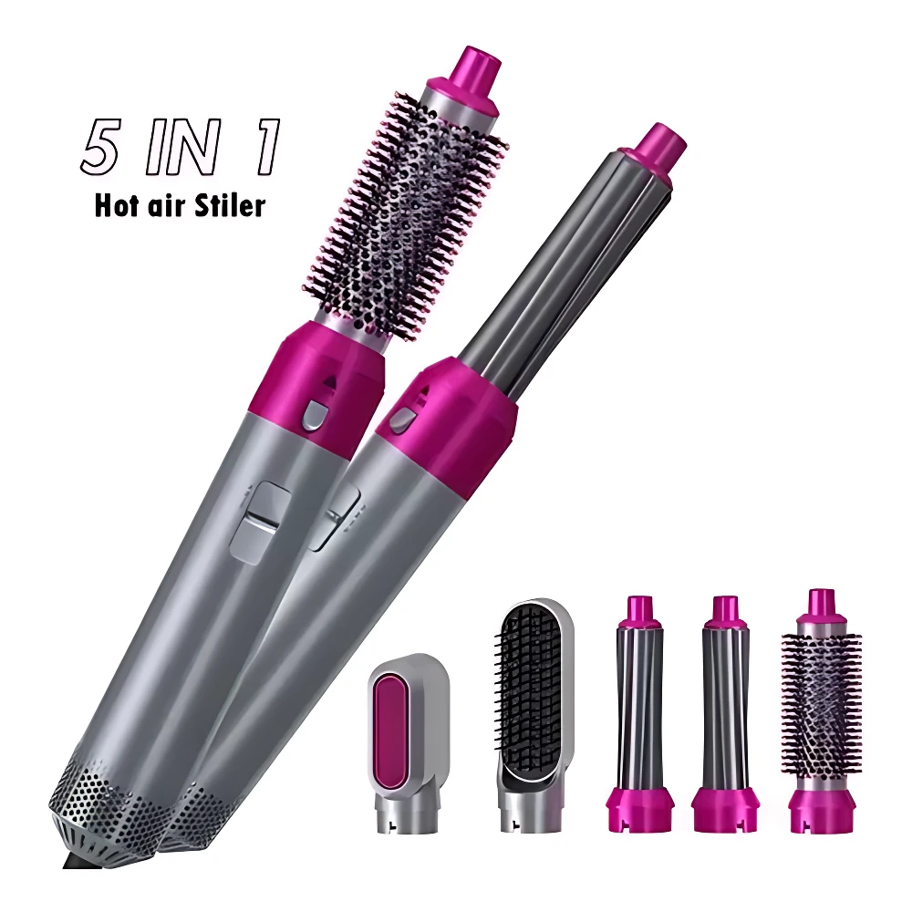 Secador ondulador cepillo 5 en 1 con cabezales intercambiables en color rosa y gris, mostrando dos unidades principales y accesorios adicionales dispuestos horizontalmente.