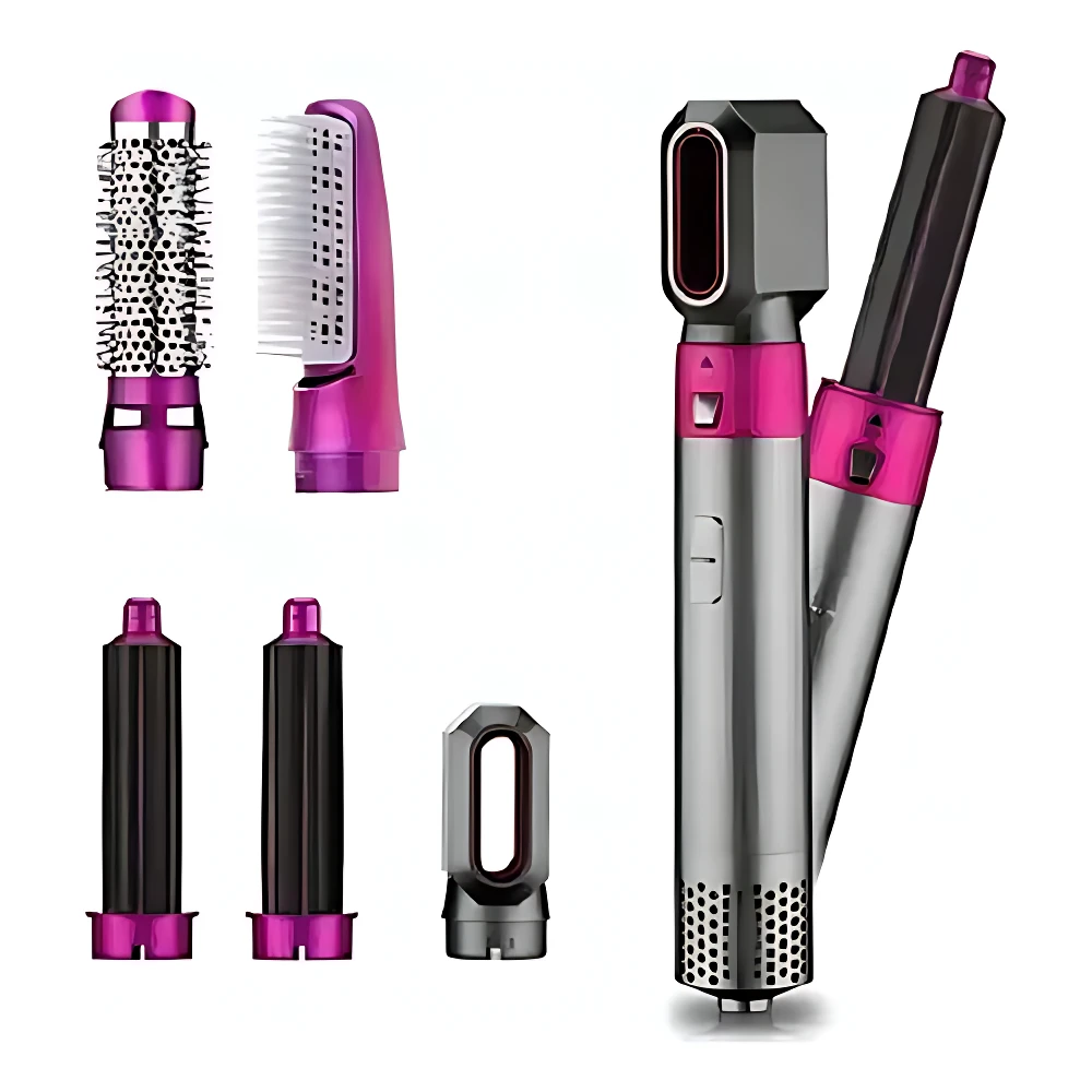 Secador ondulador cepillo 5 en 1 con cabezales intercambiables en tonos rosa y gris, mostrando accesorios para peinado y acabado de cabello.