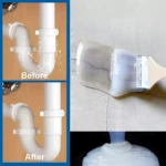 Set de dos selladores de grietas impermeables transparentes. Muestra antes y después en tubería blanca, aplicación con brocha en pared con grieta y bote de producto.