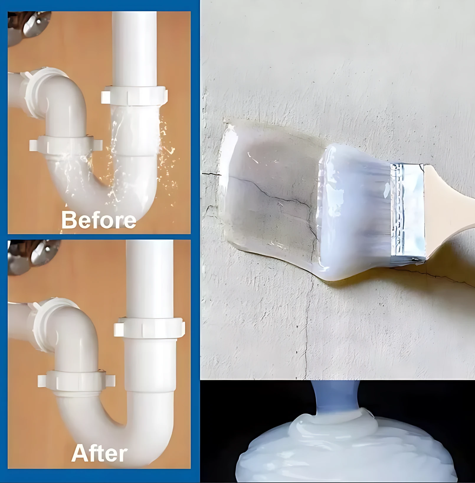 Set de dos selladores de grietas impermeables transparentes. Muestra antes y después en tubería blanca, aplicación con brocha en pared con grieta y bote de producto.