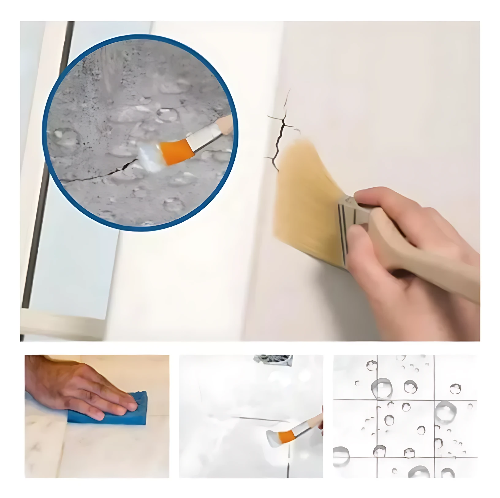 Mano aplicando sellador transparente con brocha sobre grieta en pared blanca; inserto muestra textura de agua repelente en superficie tratada.