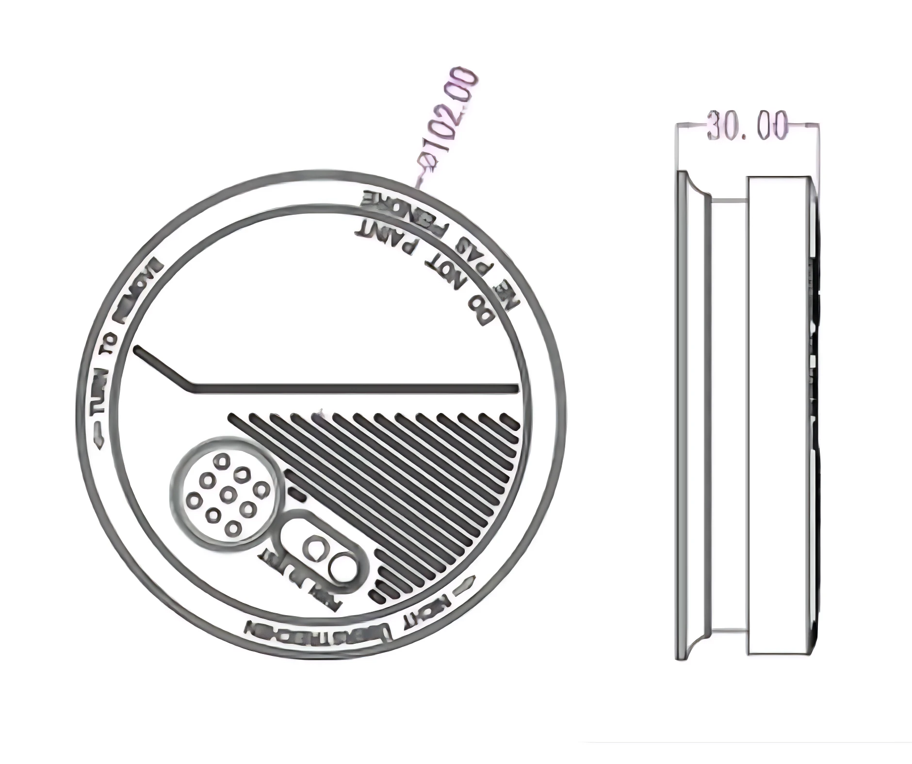 Sensor de humo fotoeléctrico circular con dimensiones de 30 mm de grosor, vista frontal y lateral, incluye indicador LED y rejilla de ventilación.