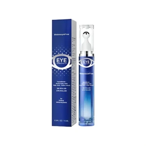 Serum oftalmico con cafeina en presentacion de 15 ml, junto a su caja azul con detalles blancos y texto visible.