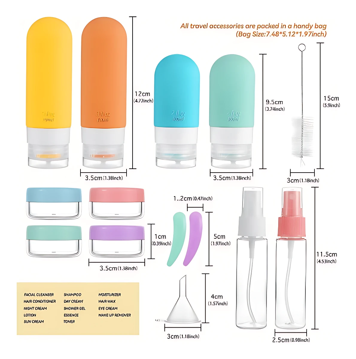 Set de organizadores cosméticos a prueba de fugas en colores amarillo, naranja, azul y verde, con medidas de 12 cm, 9.5 cm y 3.5 cm. Incluye botellas, frascos, spray, funil y cepillo, todo en bolsa de viaje de 7.48 x 5.12 x 1.97 pulgadas.