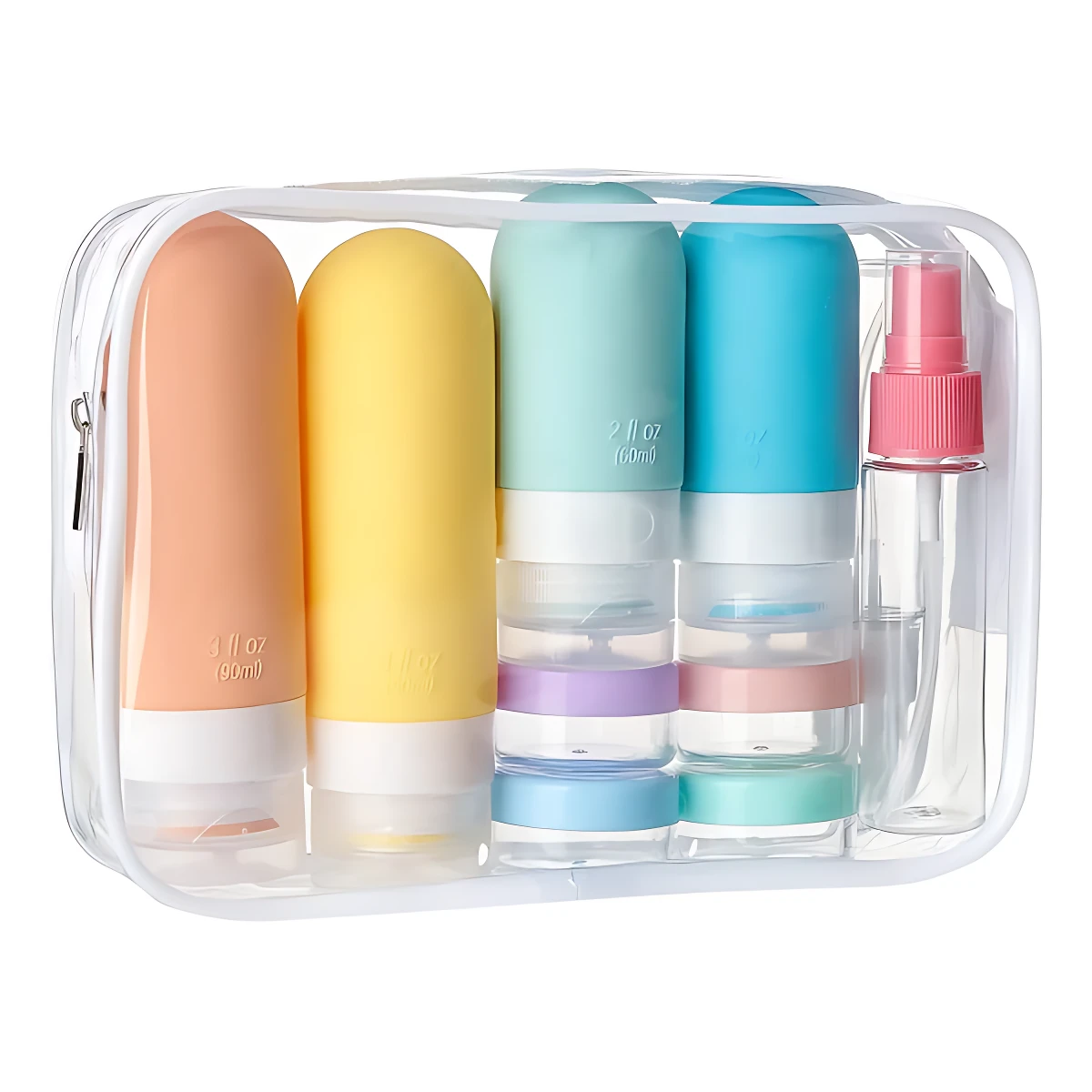 Organizador cosmético transparente con cuatro frascos de 2 onzas en colores pastel y un atomizador rosa, diseñado para evitar derrames en viajes.