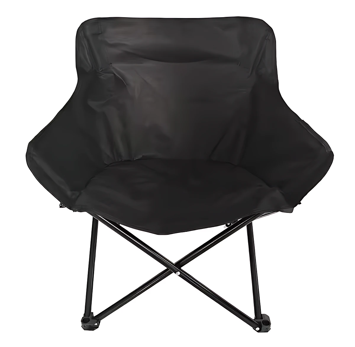 Silla camping plegable Oxford negra, con estructura de tubos cruzados y asiento acolchado, diseñada para uso al aire libre.