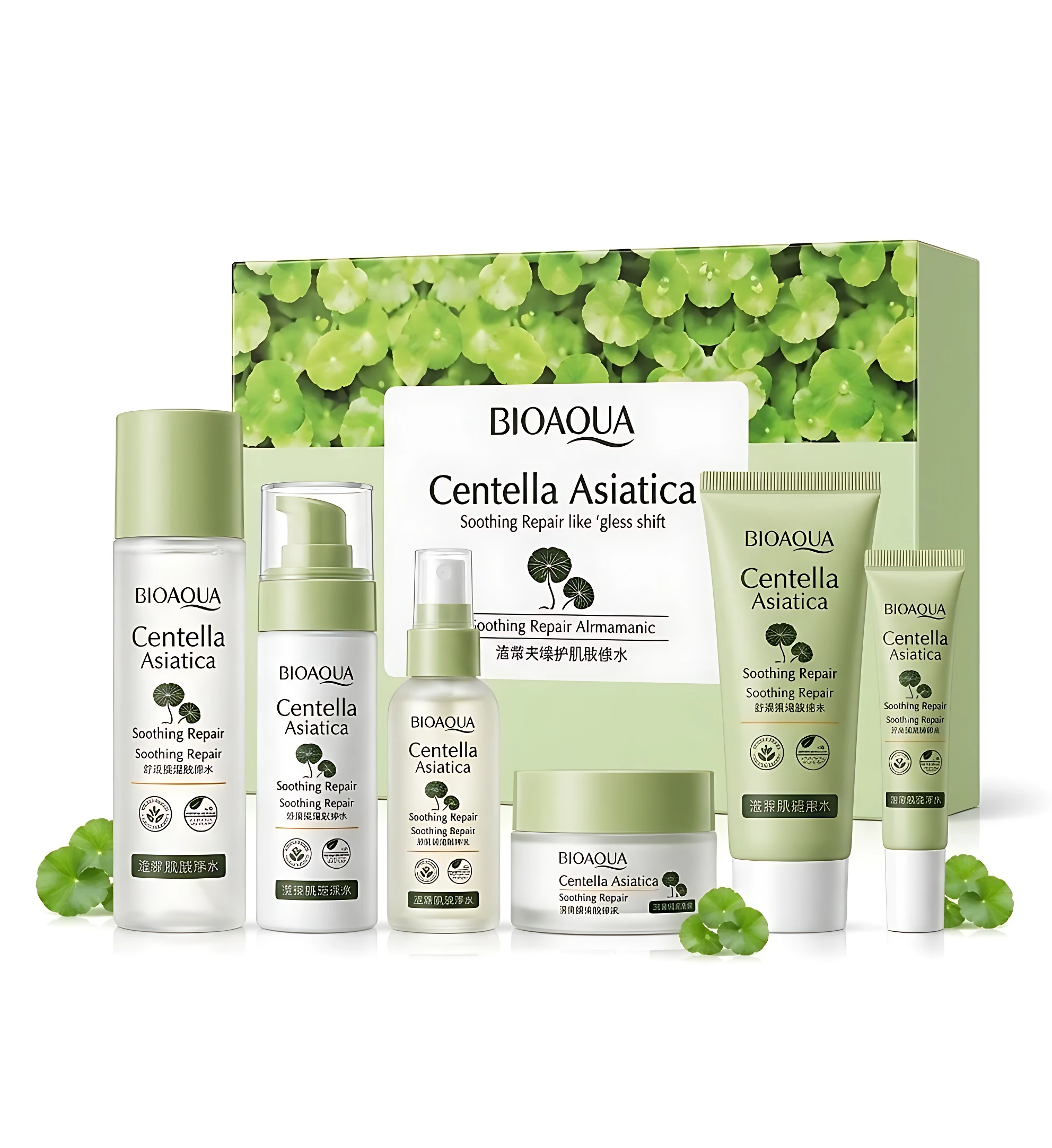 Kit de skincare calmante con Centella Asiática en presentación de seis productos, incluyendo suero, crema, tónico y mascarilla, con envases en tonos verdes y detalles de hojas de centella.