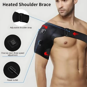 Soporte ortopédico para hombro en color negro, con correa ajustable y panel de control táctil. Incluye salida de energía y detalles en rojo que indican zonas de calor.
