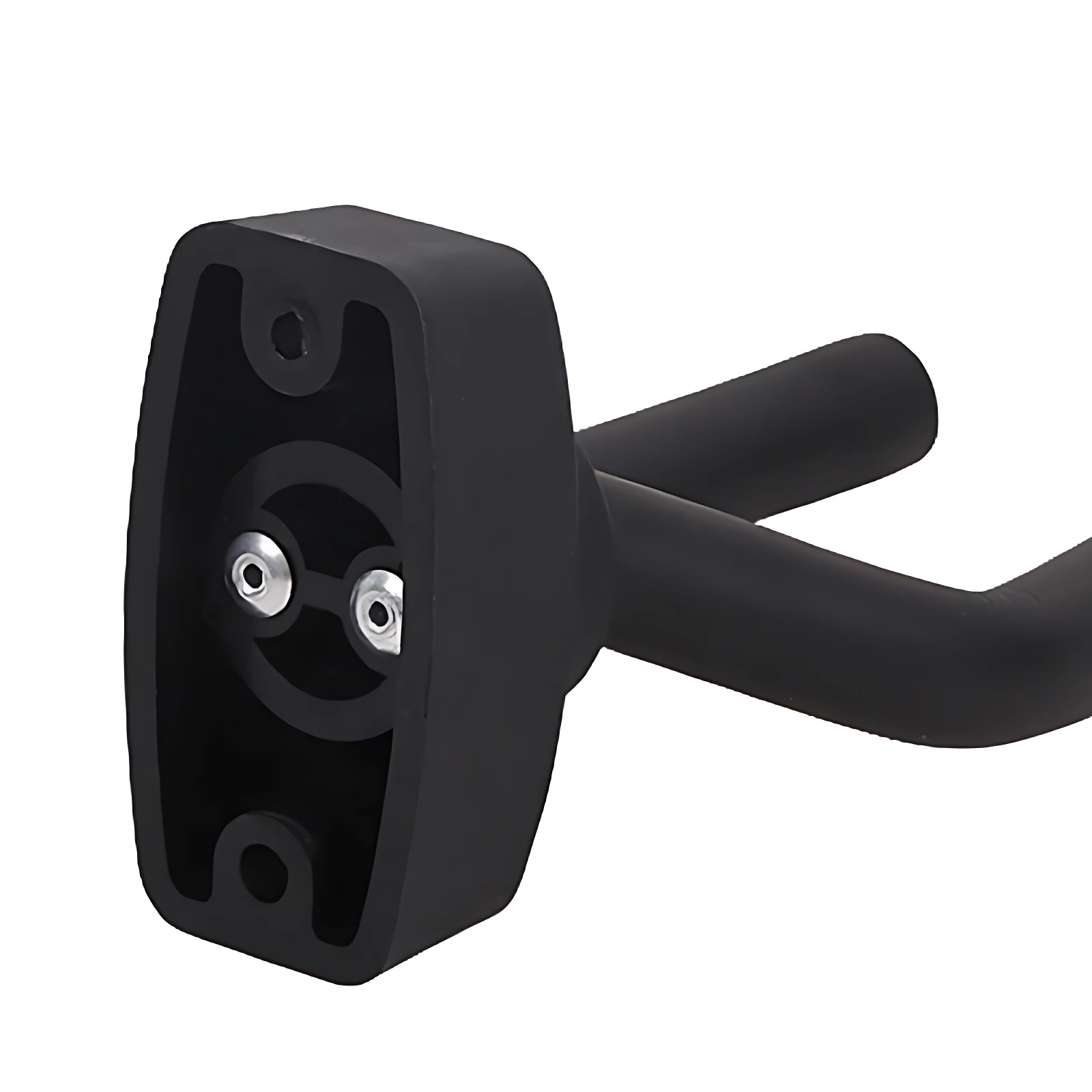 Soporte pared para bajo acolchado en color negro, con acabado mate y diseño ergonómico que protege el mástil. Incluye dos puntos de sujeción metálicos visibles en la parte frontal.