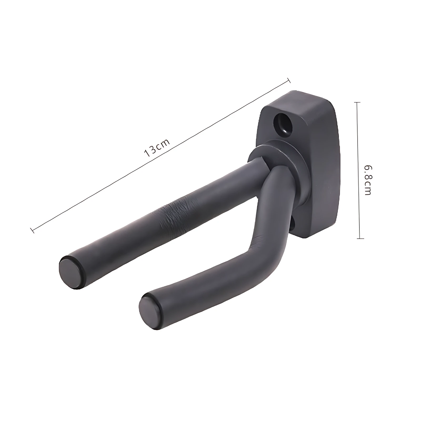 Soporte pared acolchado para bajo, color negro mate con mango ergonómico. Mide 13 cm de largo y 6,8 cm de altura. Ideal para proteger mástil y ahorrar espacio en sala.