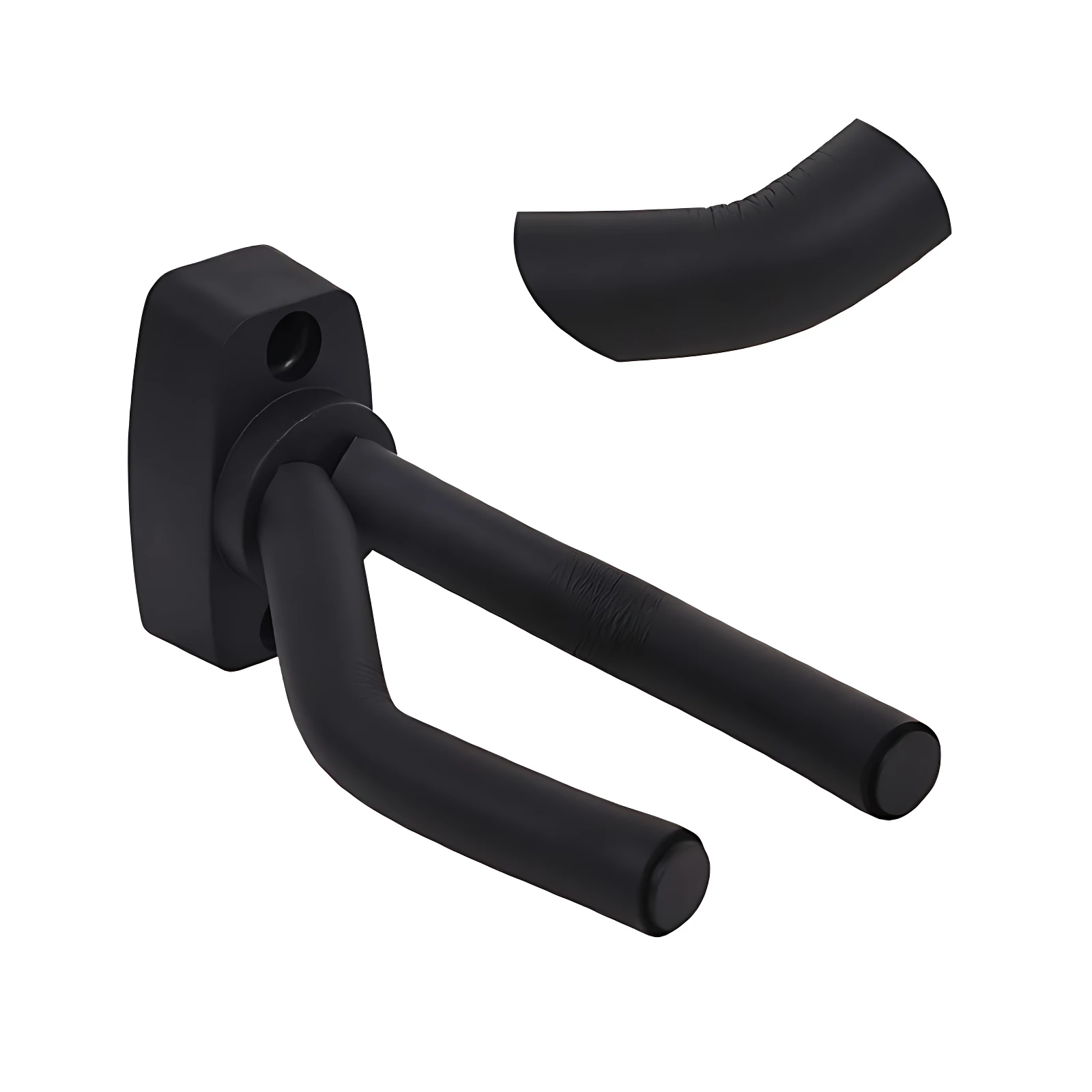 Soporte pared para bajo acolchado en negro mate, con mango ergonómico y pieza separada, ideal para proteger mástil y ahorrar espacio.