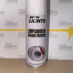 Botella de limpiador de frenos Motor Lights, color blanco con etiqueta negra y gris, muestra disco de freno en frontal.