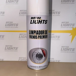 Botella de limpiador de frenos Motor Lights, color blanco con etiqueta negra y gris, muestra disco de freno en frontal.