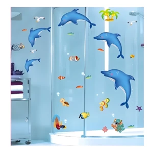 Vinilo adhesivo con delfines azules, peces tropicales y palmeras para decorar paredes de baño.