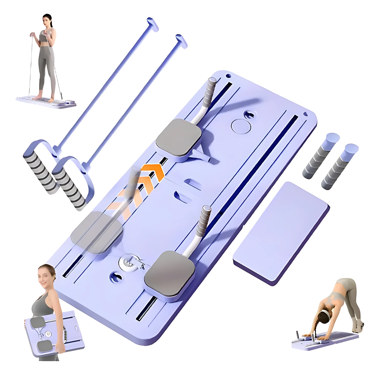 Tabla de Pilates plegable en color lila con manijas ajustables y base acolchada, mostrando componentes desmontados y personas ejercitándose en posición de pie y flexiones.