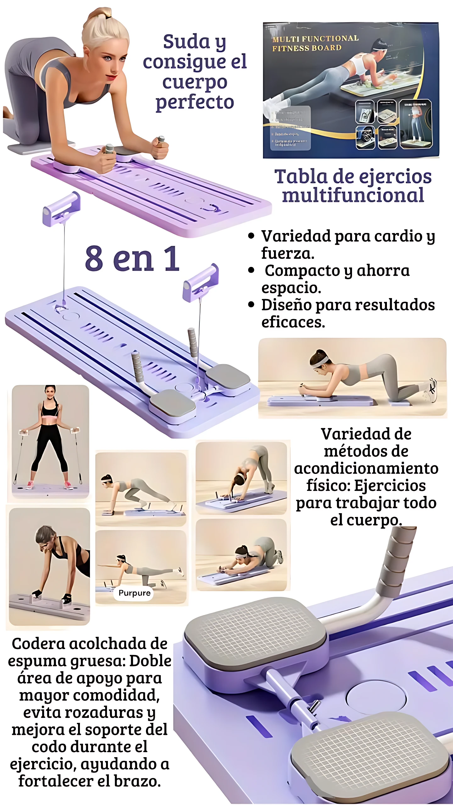 Tabla de Pilates púrpura con acolchado grueso, mostrada en uso para ejercicios de fuerza y cardio en casa. Incluye accesorios ajustables y diseño compacto.
