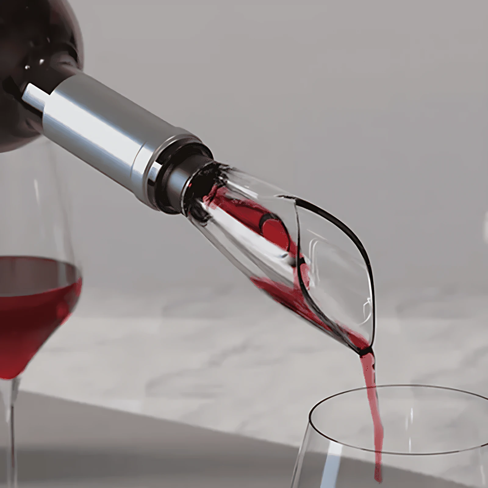 Tapón de vino con filtro en acción, vierte líquido rojo en copa. Diseño ergonómico metálico y vidrio transparente.