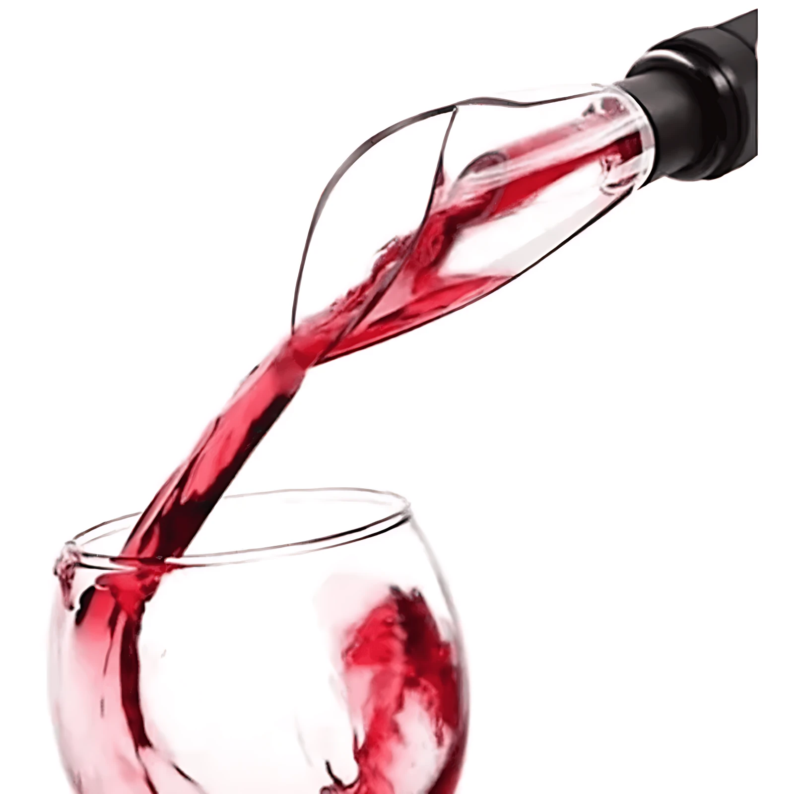 Tapón de vino con filtro en acción, vierte líquido rojo en copa de cristal sobre fondo blanco.