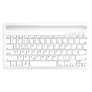 Teclado inalámbrico compacto blanco con diseño minimalista, ideal para tablets y móviles. Incluye teclas de función y barra espaciadora amplia.