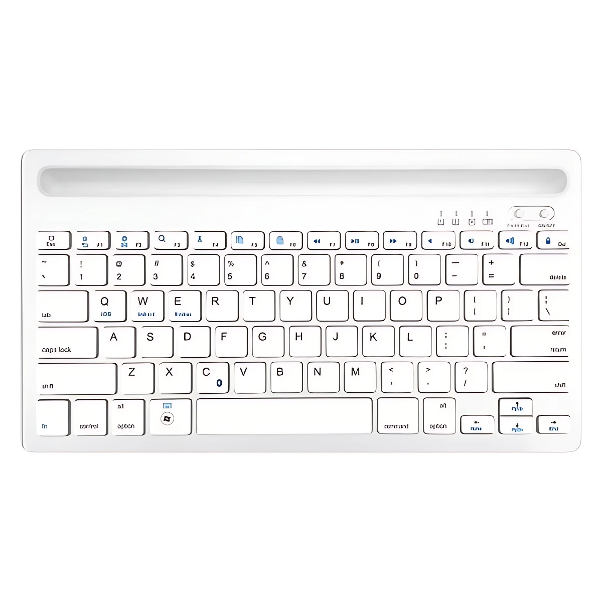 Teclado inalámbrico compacto blanco con diseño minimalista, ideal para tablets y móviles. Incluye teclas de función y barra espaciadora amplia.