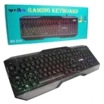 Teclado gaming Weibo-570 negro con iluminación RGB dinámica, caja azul visible arriba y teclado físico abajo con diseño de rayos.