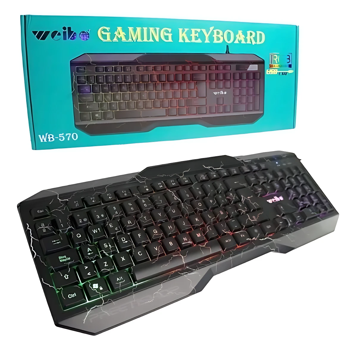 Teclado gaming Weibo-570 negro con iluminación RGB dinámica, caja azul visible arriba y teclado físico abajo con diseño de rayos.