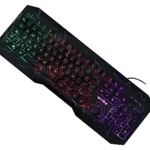 Teclado Rgb Weibo-570 con iluminación dinámica, diseño negro con rayos plateados y teclas multicolor en degradado verde, rojo y morado.