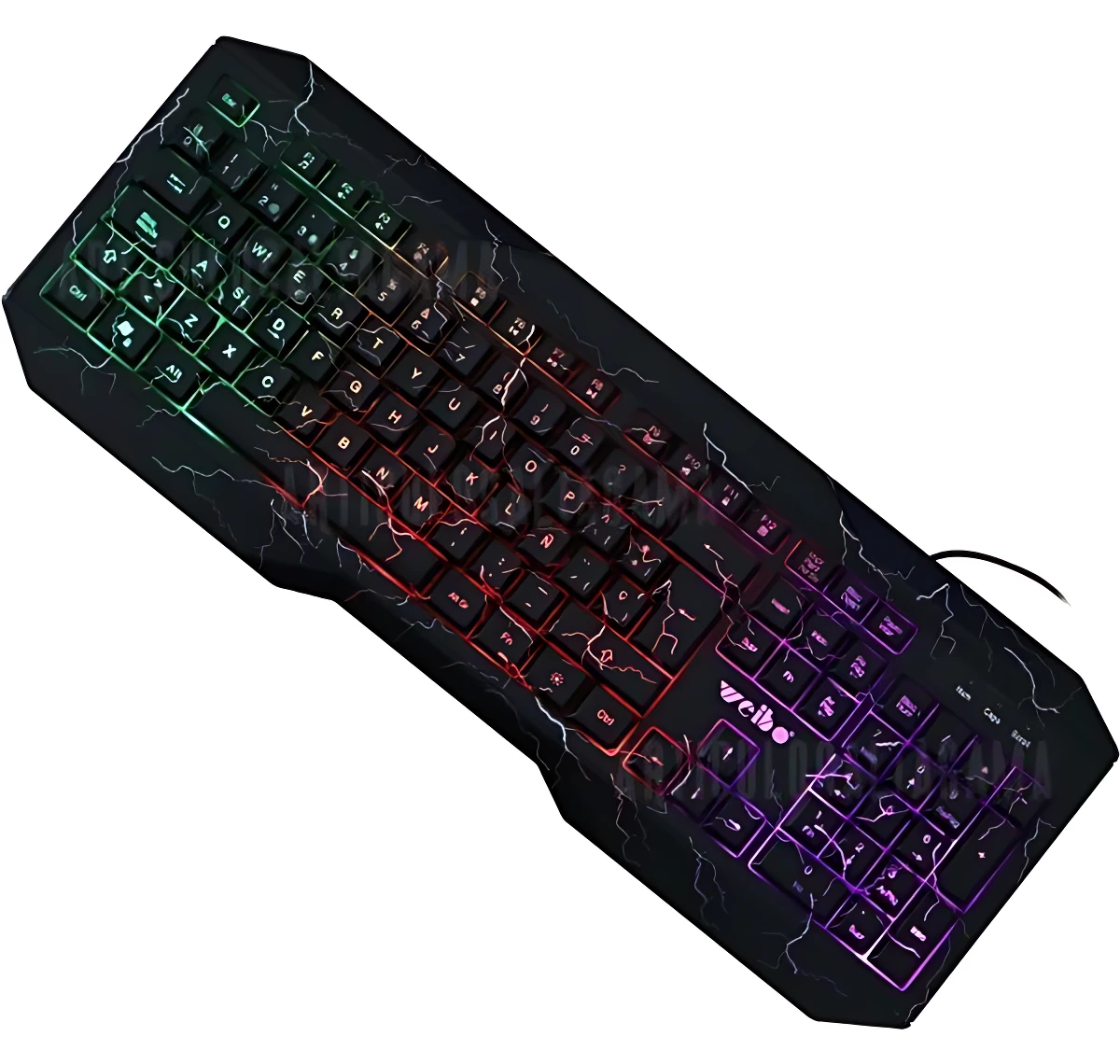 Teclado Rgb Weibo-570 con iluminación dinámica, diseño negro con rayos plateados y teclas multicolor en degradado verde, rojo y morado.