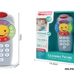 Teléfono educativo infantil de color gris claro con pantalla amarilla sonriente, botones multicolores y teclado numérico. Muestra dimensiones: 20,5 cm de alto por 14,5 cm de ancho. Incluye caja con del producto y niño usándolo.