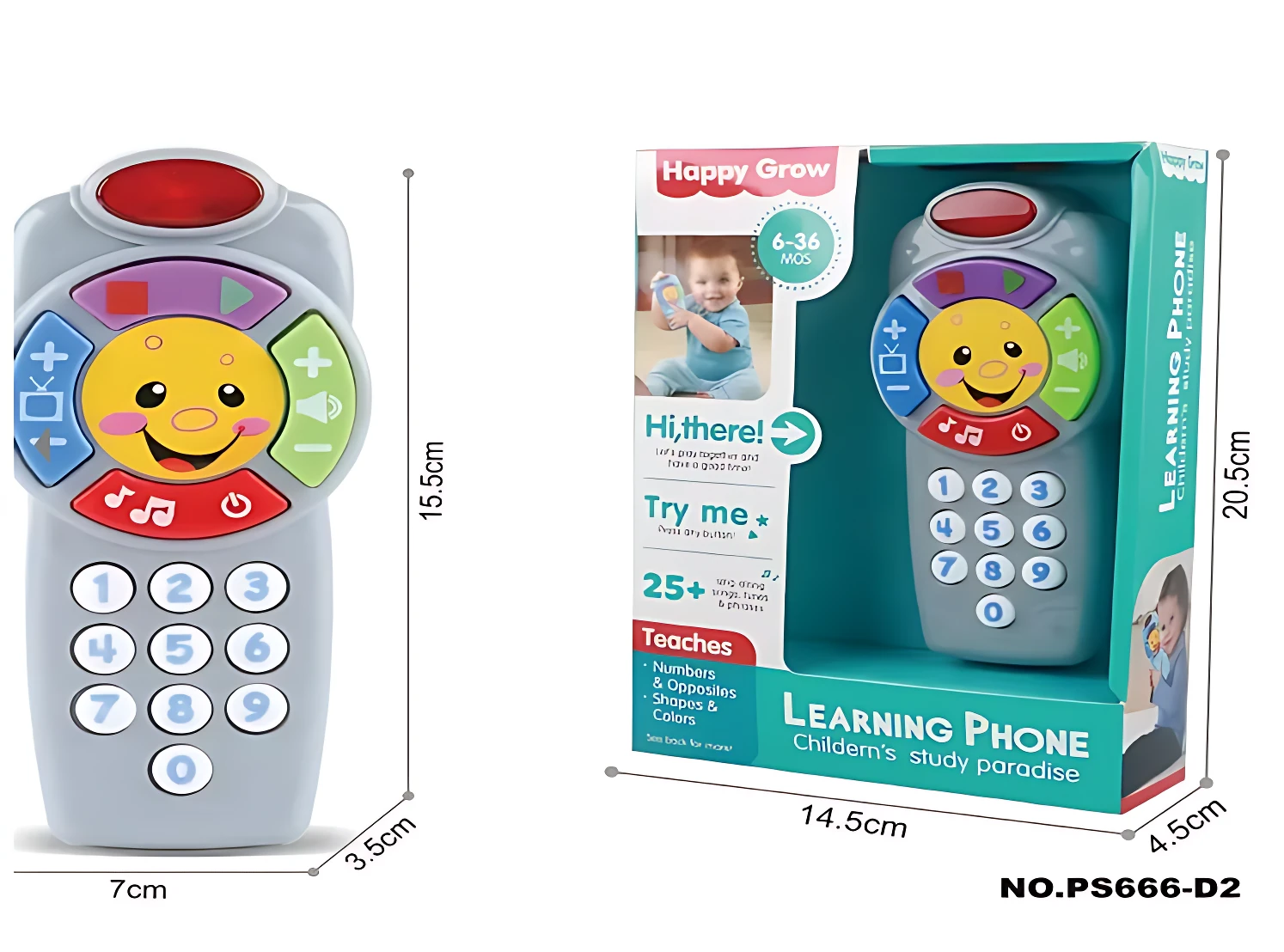 Teléfono educativo infantil de color gris claro con pantalla amarilla sonriente, botones multicolores y teclado numérico. Muestra dimensiones: 20,5 cm de alto por 14,5 cm de ancho. Incluye caja con del producto y niño usándolo.