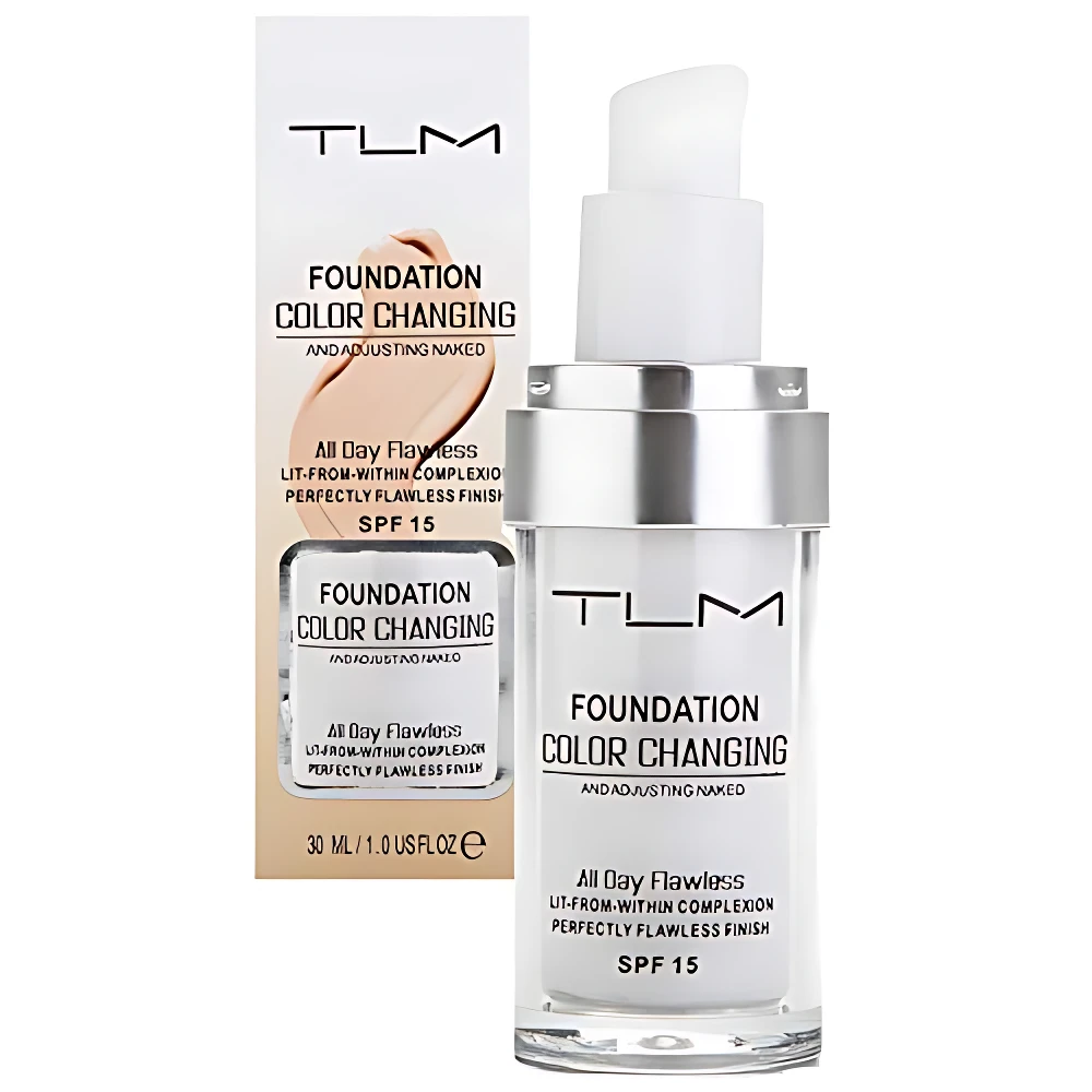 Base de maquillaje TLM con cambio de color automático, presentación de 30 ml en frasco transparente con bomba y caja beige al lado.