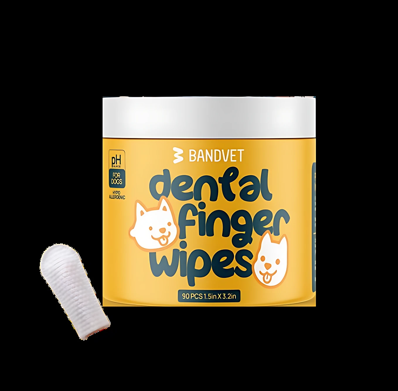 Toallitas dentales para perros en envase amarillo con etiqueta de Bandvet, mostrando una unidad individual de tela blanca enrollada al lado.