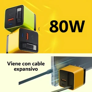 Cargador Torbe 3 en 1 de 80W en colores amarillo y verde lima, con puertos USB y puerto de carga rápida, acompañado de cable expansivo incluido.