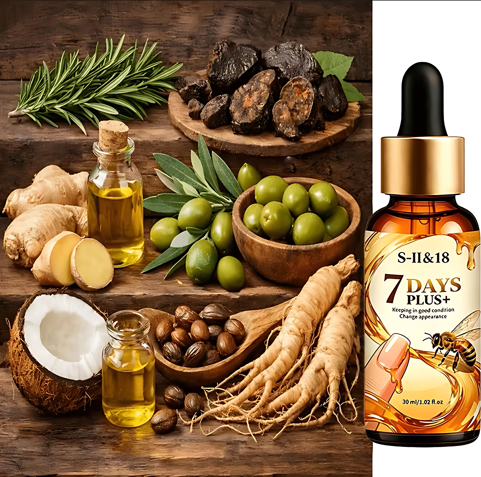 Bote de vidrio ámbar con cuentagotas dorado, etiqueta que muestra "7 DAYS PLUS" y abeja, acompañado de ingredientes naturales como ginseng, nueces, coco, oliva y aceite esencial sobre madera rústica.