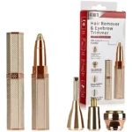 Aparato de afeitado recargable en tono dorado con cuatro cabezales intercambiables para cejas, perfilado y vello corporal, acompañado de su estuche de transporte.